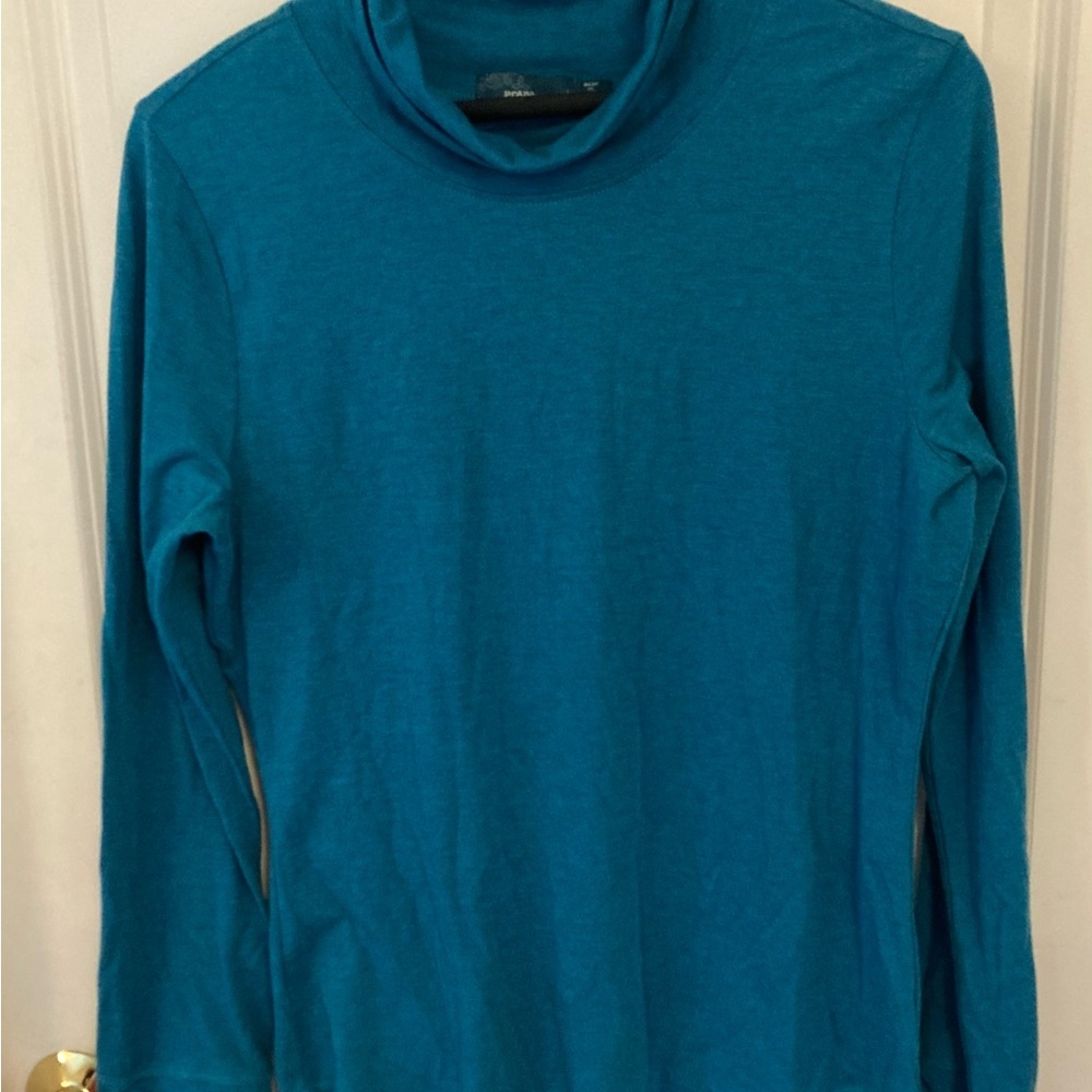Blue Ruched knit top with High Neckline